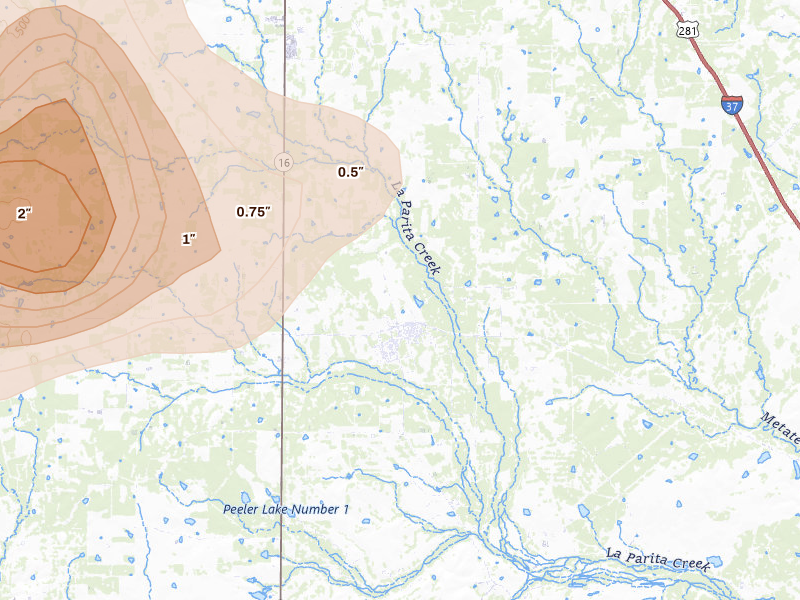 Radar-estimated hail-size map of the storm over Pleasanton, TX on May 26, 2026