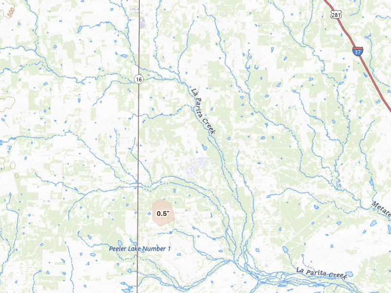 Radar-estimated hail-size map of the storm over Pleasanton, TX on Aug 28, 2026