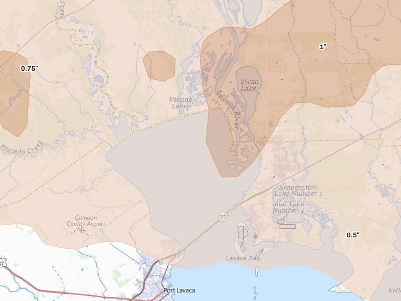 Radar-estimated hail-size map of the storm over Point Comfort, TX on May 1, 2026