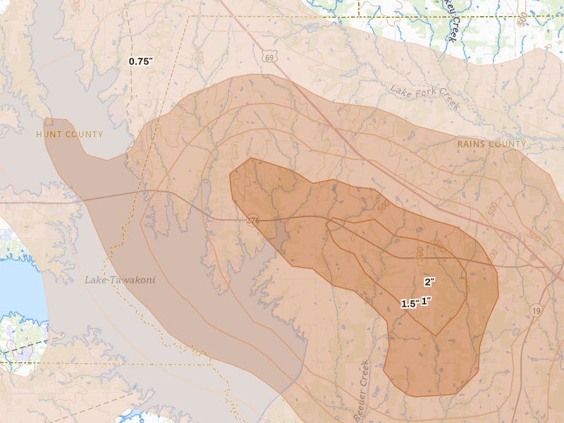 Radar-estimated hail-size map of the storm over Point, TX on Apr 24, 2026