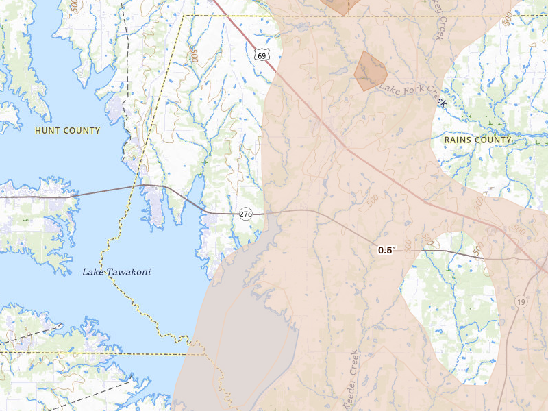 Radar-estimated hail-size map of the storm over Point, TX on Jun 2, 2026