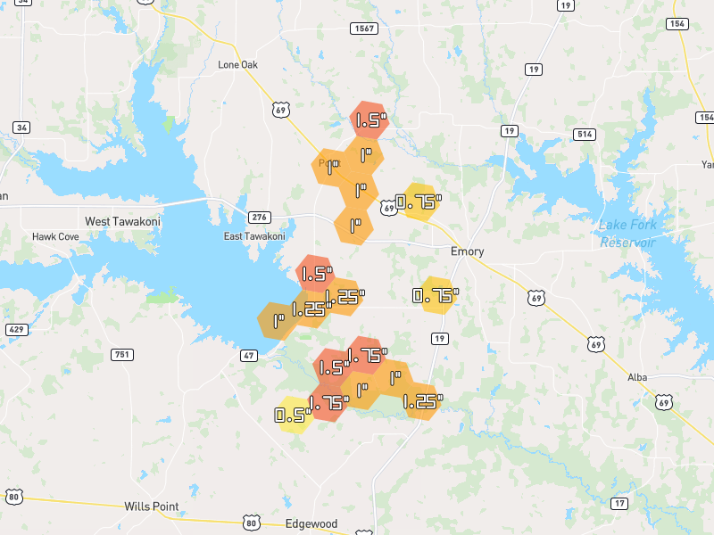 Hail map of Point, TX on Jun 2, 2026, hail up to 1.75"