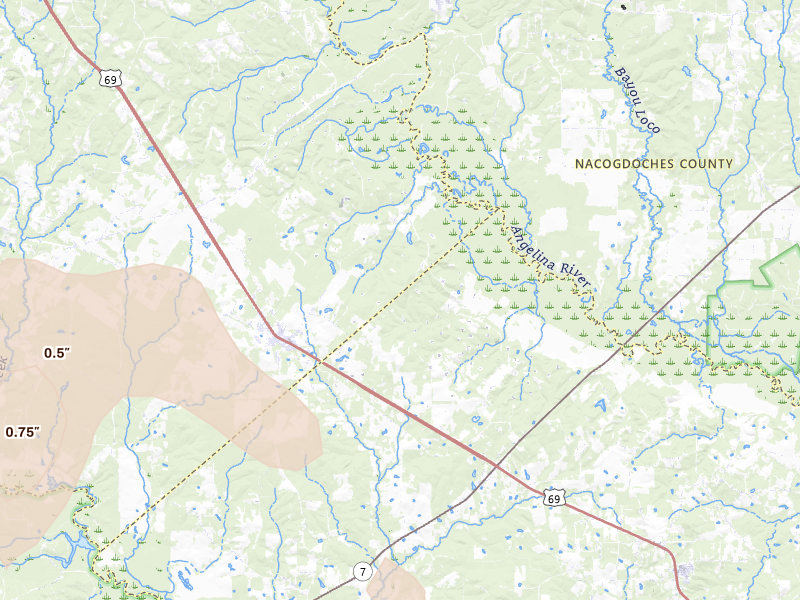 Radar-estimated hail-size map of the storm over Pollok, TX on May 25, 2026