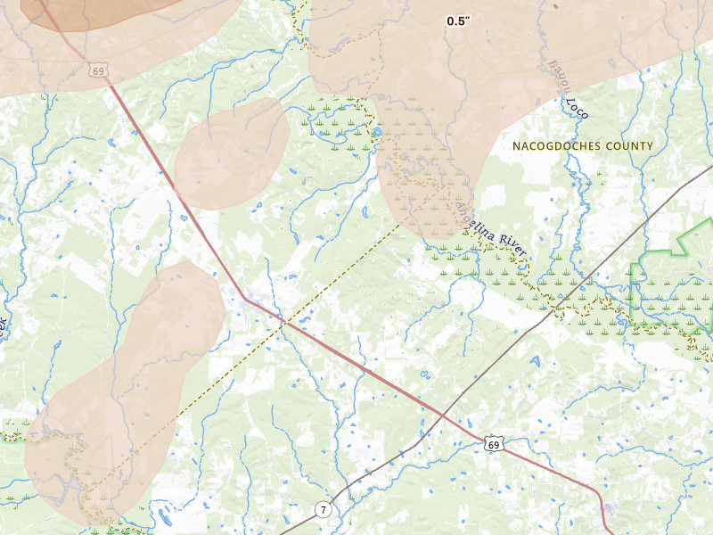 Radar-estimated hail-size map of the storm over Pollok, TX on Jun 2, 2026