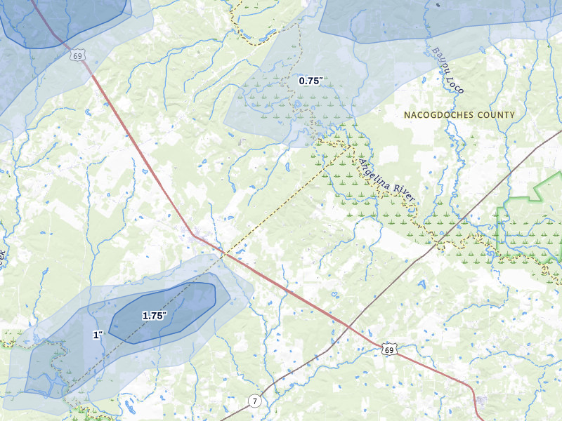 NEXRAD radar-signature map of the hail over Pollok, TX