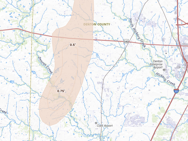 Radar-estimated hail-size map of the storm over Ponder, TX on Jun 6, 2026