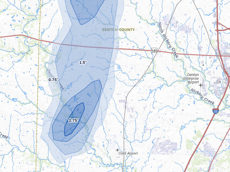 NEXRAD radar-signature map of the hail over Ponder, TX