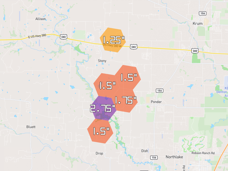 Hail map of Ponder, TX on Jun 6, 2026, hail up to 2.75"