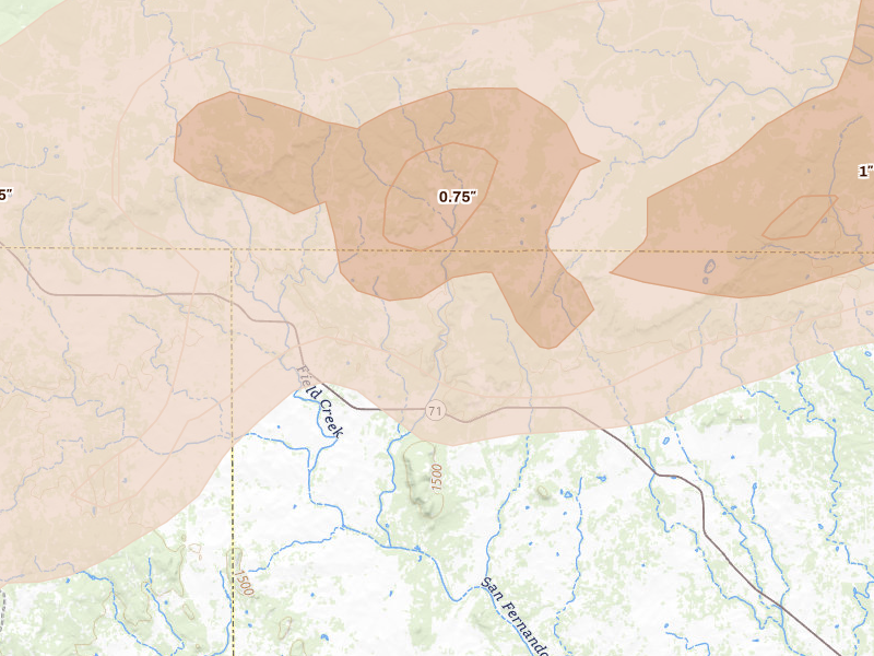 Radar-estimated hail-size map of the storm over Pontotoc, TX on Apr 12, 2026