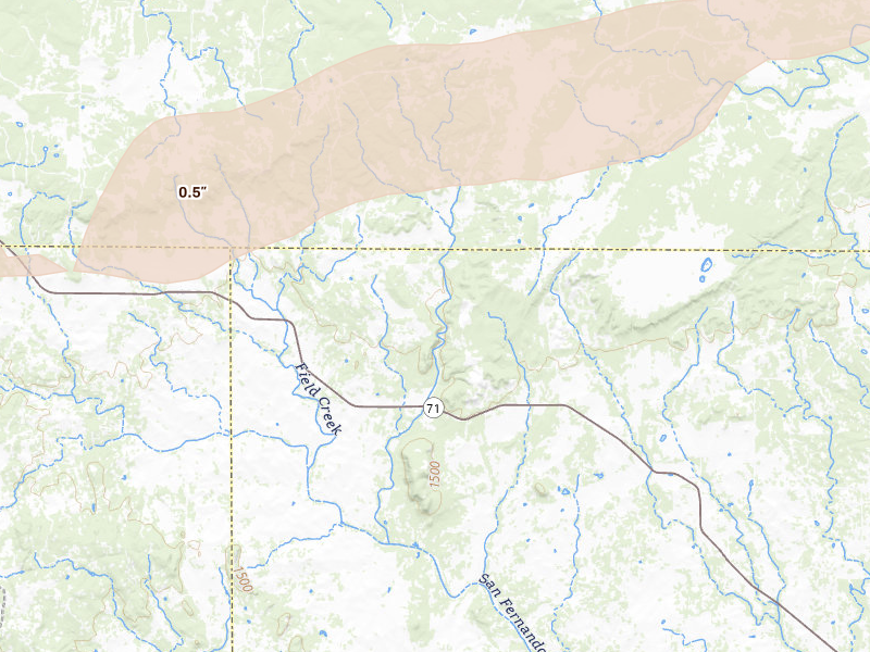Radar-estimated hail-size map of the storm over Pontotoc, TX on Apr 18, 2026