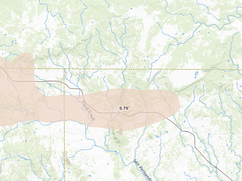 Radar-estimated hail-size map of the storm over Pontotoc, TX on Apr 30, 2026