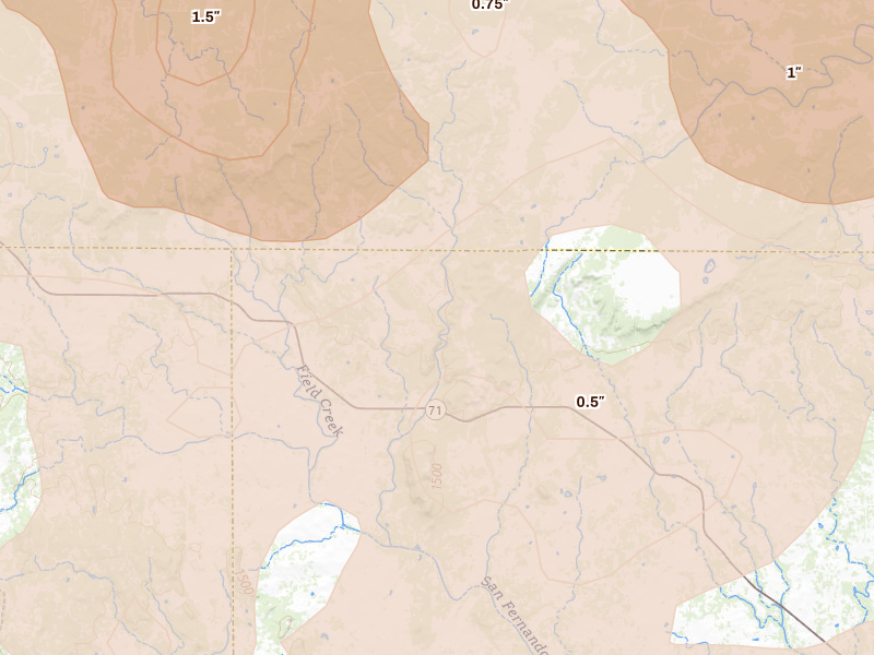 Radar-estimated hail-size map of the storm over Pontotoc, TX on May 10, 2026