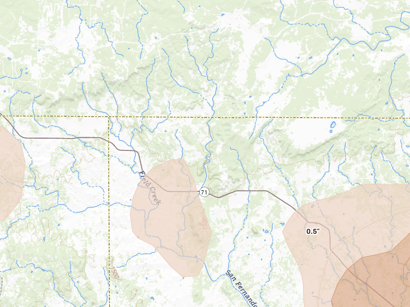 Radar-estimated hail-size map of the storm over Pontotoc, TX on May 19, 2026