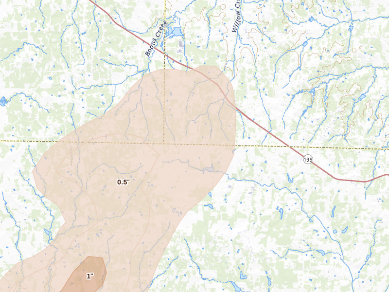 Radar-estimated hail-size map of the storm over Poolville, TX on Mar 4, 2026