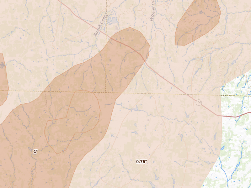 Radar-estimated hail-size map of the storm over Poolville, TX on Mar 10, 2026