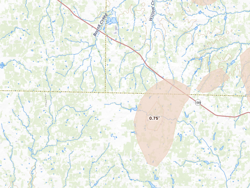 Radar-estimated hail-size map of the storm over Poolville, TX on May 19, 2026