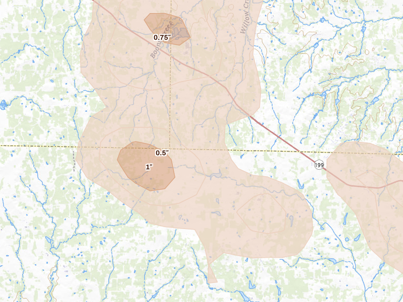 Radar-estimated hail-size map of the storm over Poolville, TX on May 28, 2026