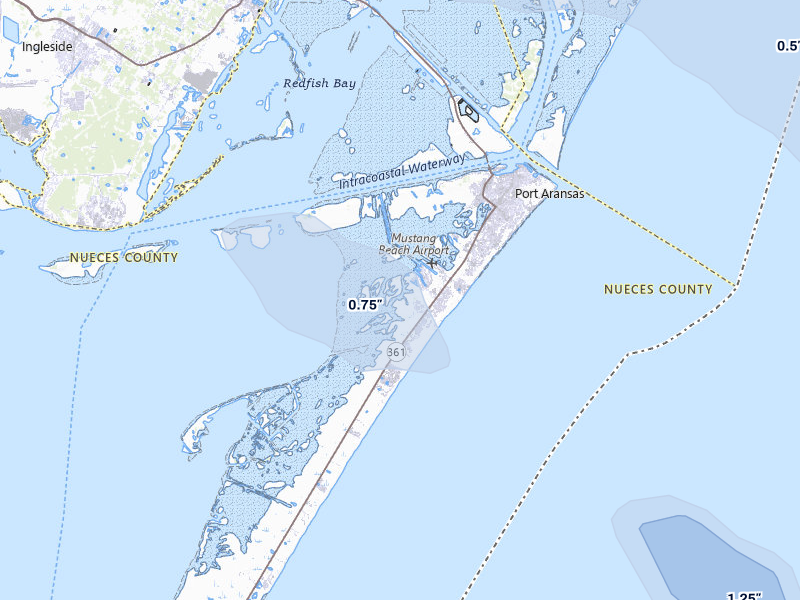 NEXRAD radar-signature map of the hail over Port Aransas, TX