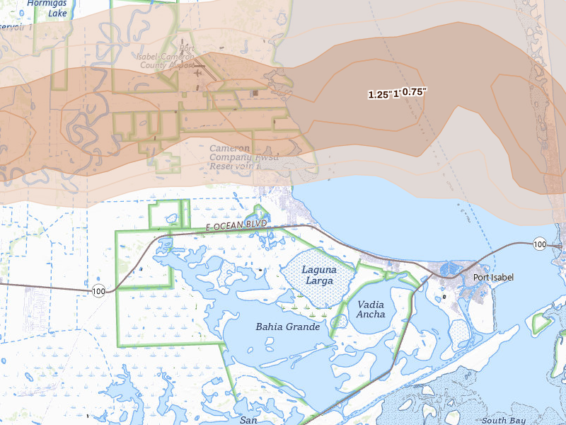 Radar-estimated hail-size map of the storm over Port Isabel, TX on May 9, 2026