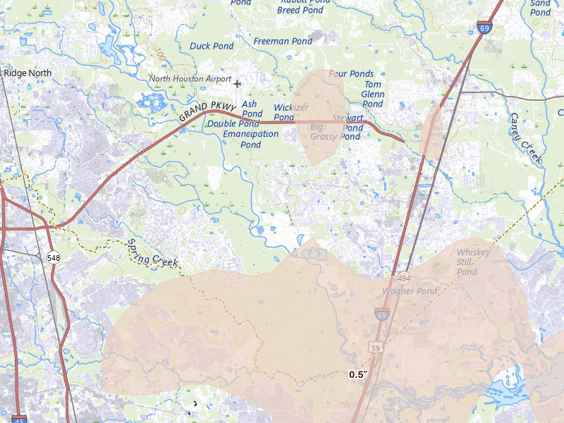Radar-estimated hail-size map of the storm over Porter, TX on Jun 19, 2026