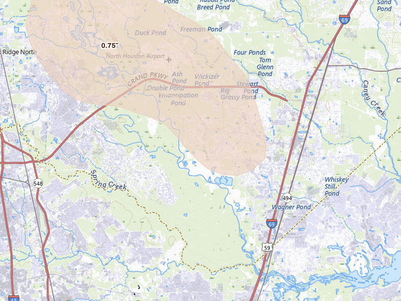 Radar-estimated hail-size map of the storm over Porter, TX on Sep 2, 2026