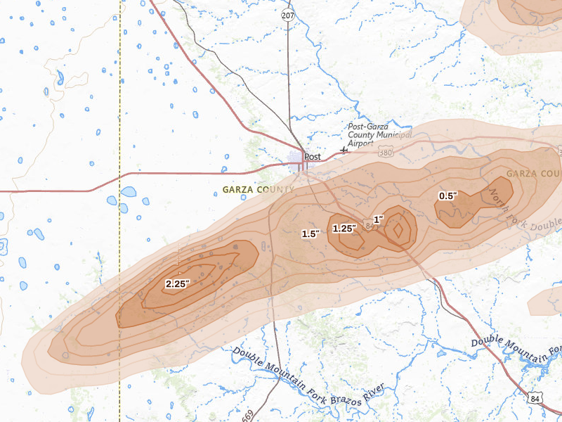 Radar-estimated hail-size map of the storm over Post, TX on Apr 27, 2026