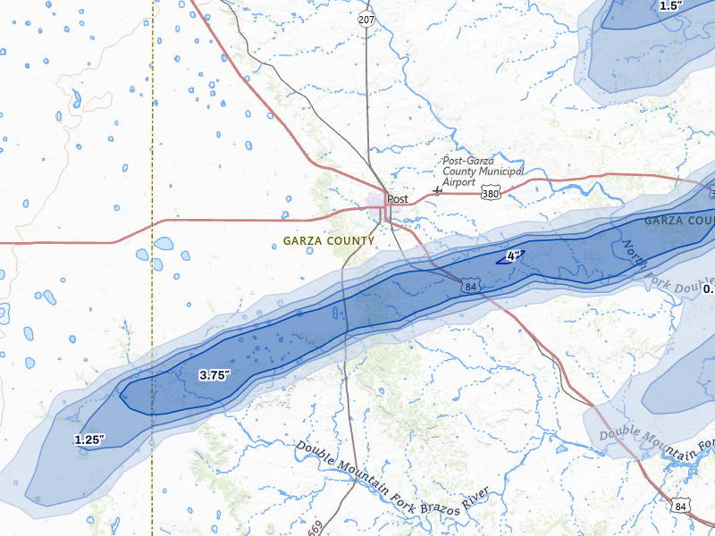 NEXRAD radar-signature map of the hail over Post, TX