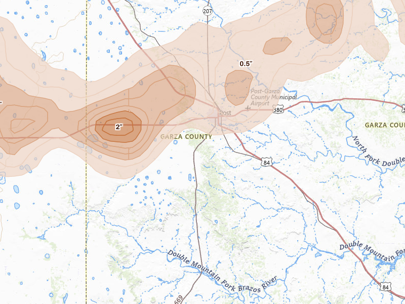 Radar-estimated hail-size map of the storm over Post, TX on May 31, 2026