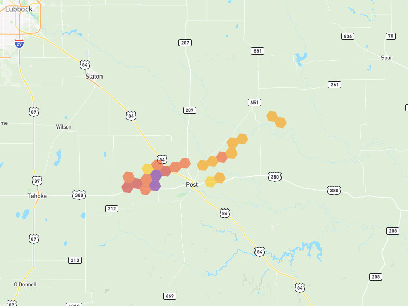 Hail map of Post, TX on Jun 1, 2026, hail up to 3"