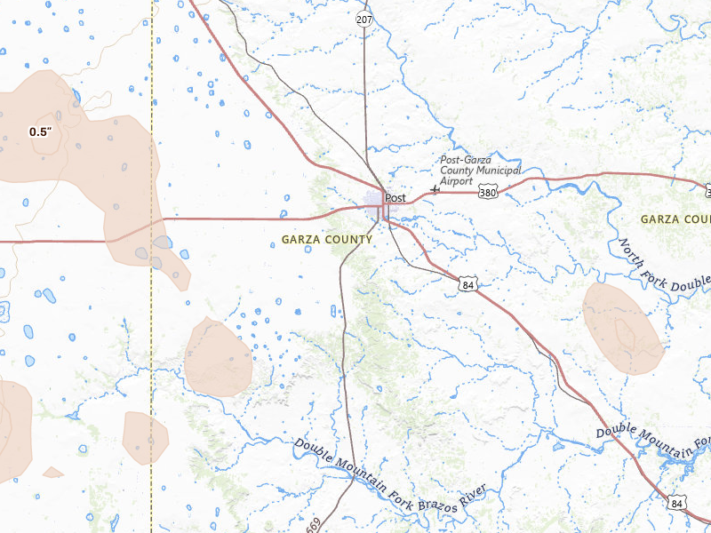 Radar-estimated hail-size map of the storm over Post, TX on Jun 2, 2026
