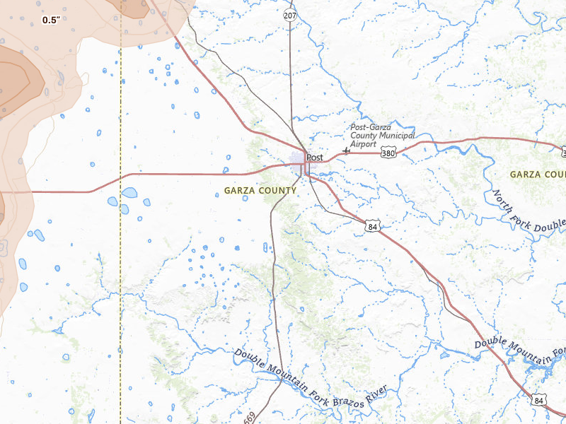 Radar-estimated hail-size map of the storm over Post, TX on Jun 11, 2026