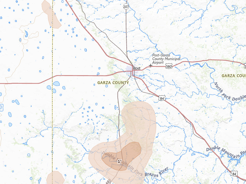 Radar-estimated hail-size map of the storm over Post, TX on Jul 5, 2026