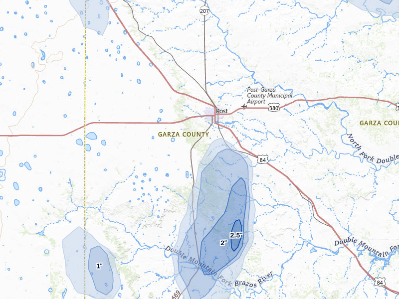 NEXRAD radar-signature map of the hail storm over Post, TX on Jul 5, 2026