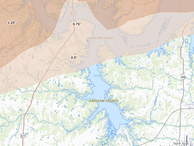 Radar-estimated hail-size map of the storm over Pottsboro, TX on Apr 28, 2026