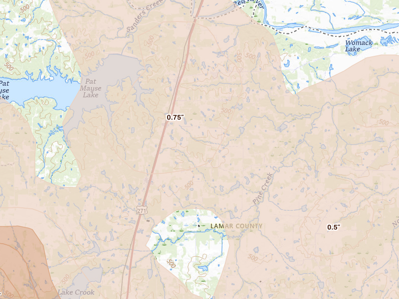 Radar-estimated hail-size map of the storm over Powderly, TX on Jun 23, 2026