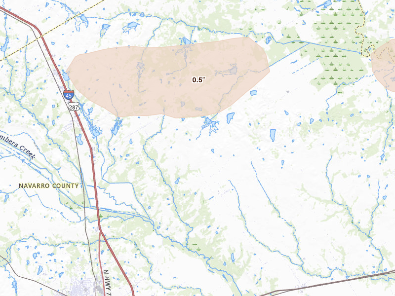 Radar-estimated hail-size map of the storm over Powell, TX on Apr 18, 2026