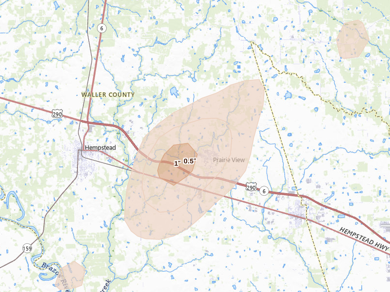 Radar-estimated hail-size map of the storm over Prairie View, TX on Jun 2, 2026