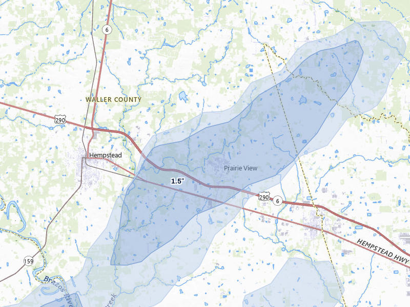 NEXRAD radar-signature map of the hail over Prairie View, TX