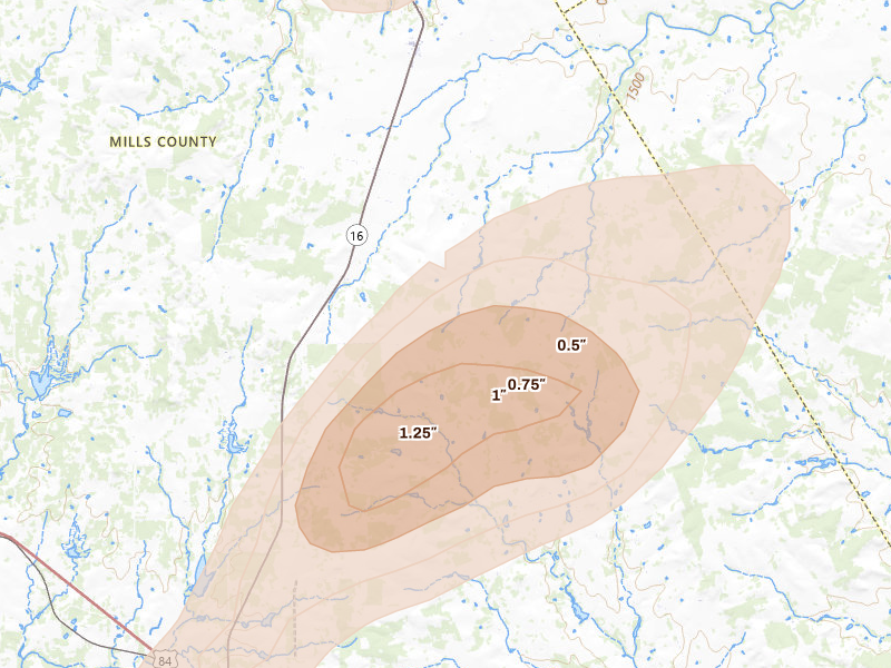 Radar-estimated hail-size map of the storm over Priddy, TX on Mar 4, 2026