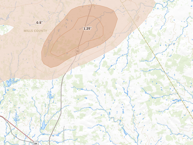 Radar-estimated hail-size map of the storm over Priddy, TX on Jun 6, 2026
