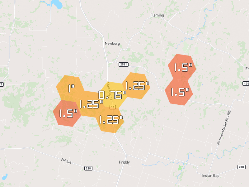 Hail map of Priddy, TX on Jun 7, 2026, hail up to 1.5"