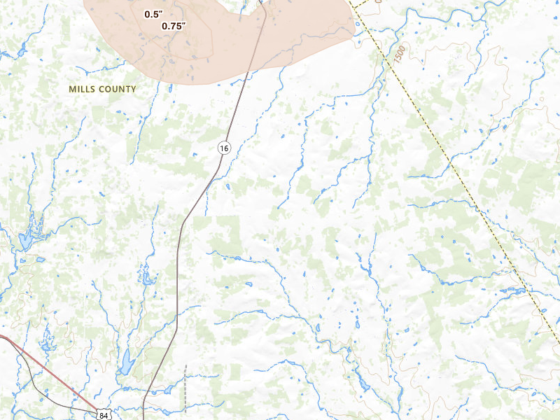 Radar-estimated hail-size map of the storm over Priddy, TX on Jul 6, 2026