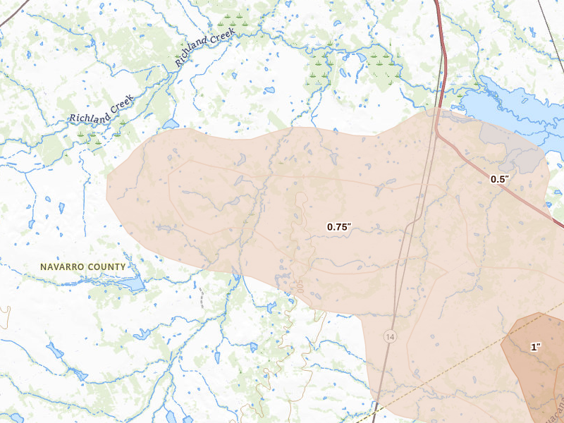 Radar-estimated hail-size map of the storm over Purdon, TX on Apr 29, 2026