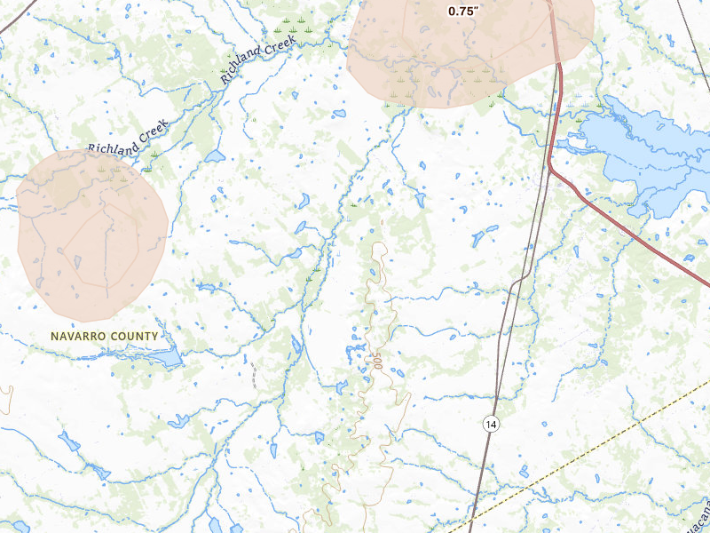 Radar-estimated hail-size map of the storm over Purdon, TX on Jun 2, 2026