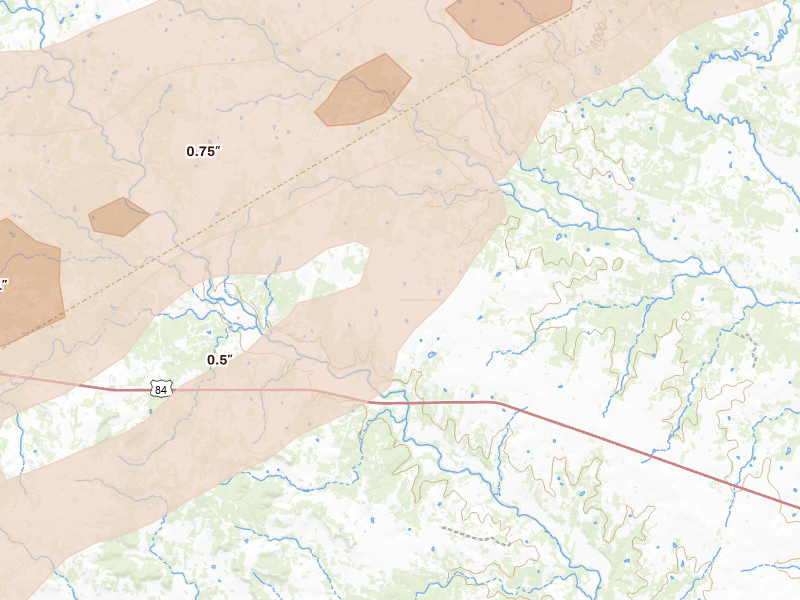 Radar-estimated hail-size map of the storm over Purmela, TX on Jan 9, 2026