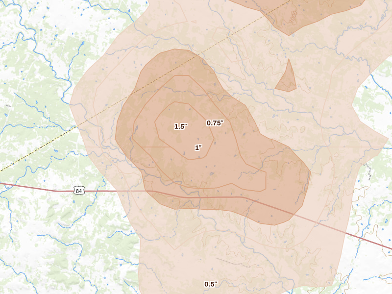Radar-estimated hail-size map of the storm over Purmela, TX on May 10, 2026