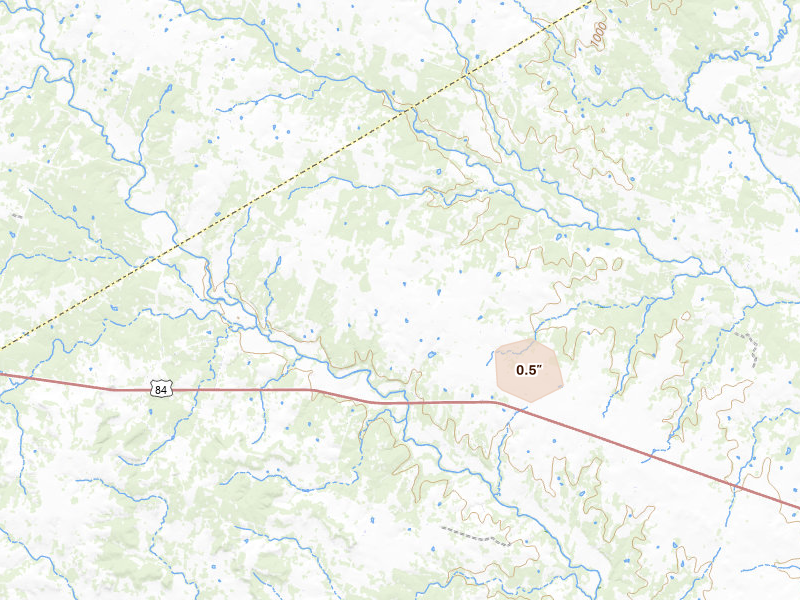 Radar-estimated hail-size map of the storm over Purmela, TX on May 25, 2026