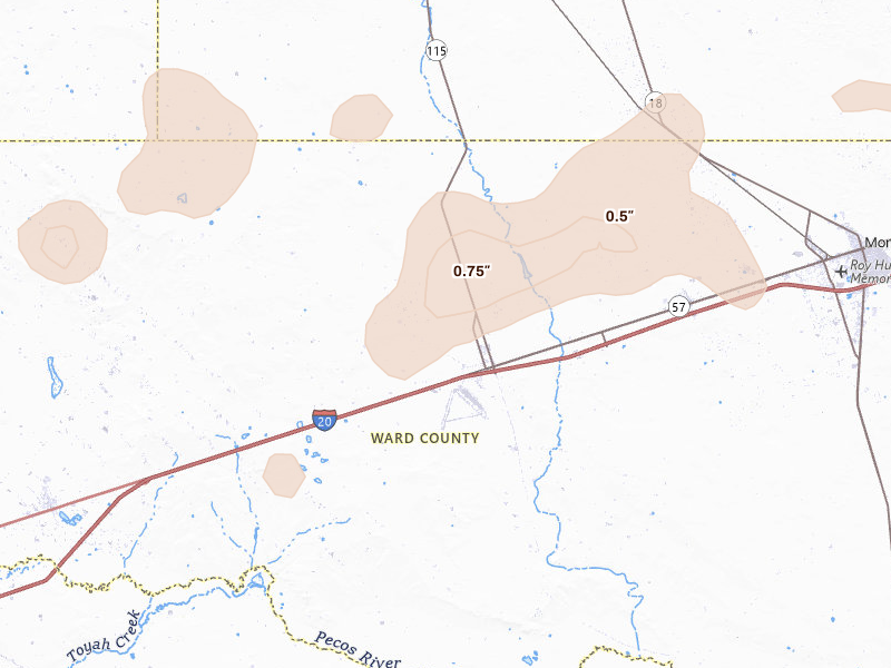 Radar-estimated hail-size map of the storm over Pyote, TX on May 26, 2026