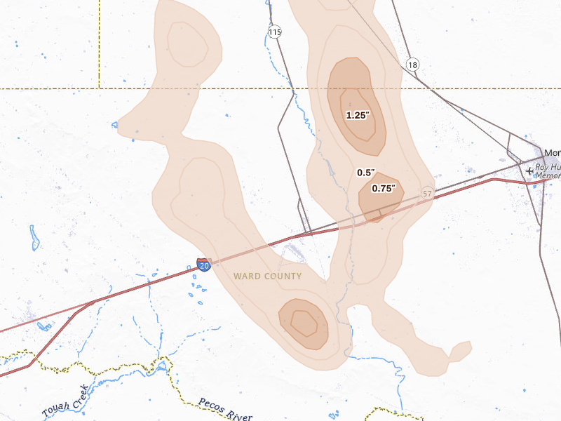 Radar-estimated hail-size map of the storm over Pyote, TX on May 31, 2026