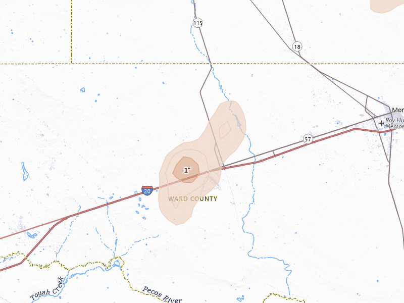 Radar-estimated hail-size map of the storm over Pyote, TX on Jun 25, 2026